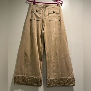 Meisie Women's Beige Wide-Leg Ultra Suede Pants with Embroidered Hem